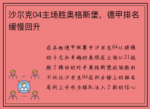 沙尔克04主场胜奥格斯堡，德甲排名缓慢回升